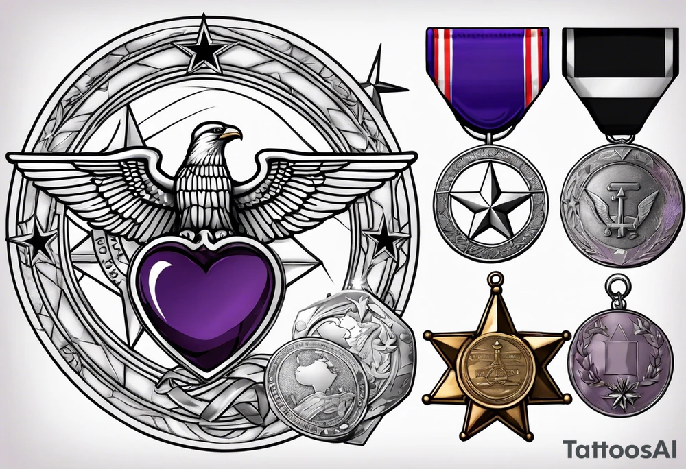 Build tattoo with silver star, purple heart and world war  1 medals, including patriotism tattoo idea