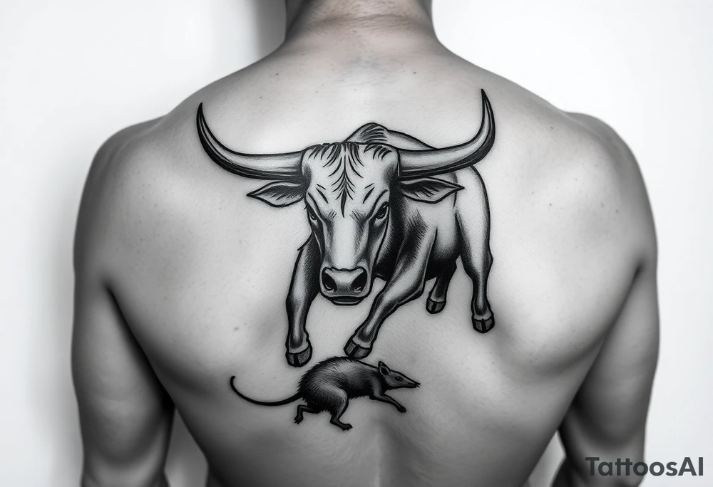 I want a tattoo with a bull with its horns down running full body chasing a rat on my lower back tattoo idea
