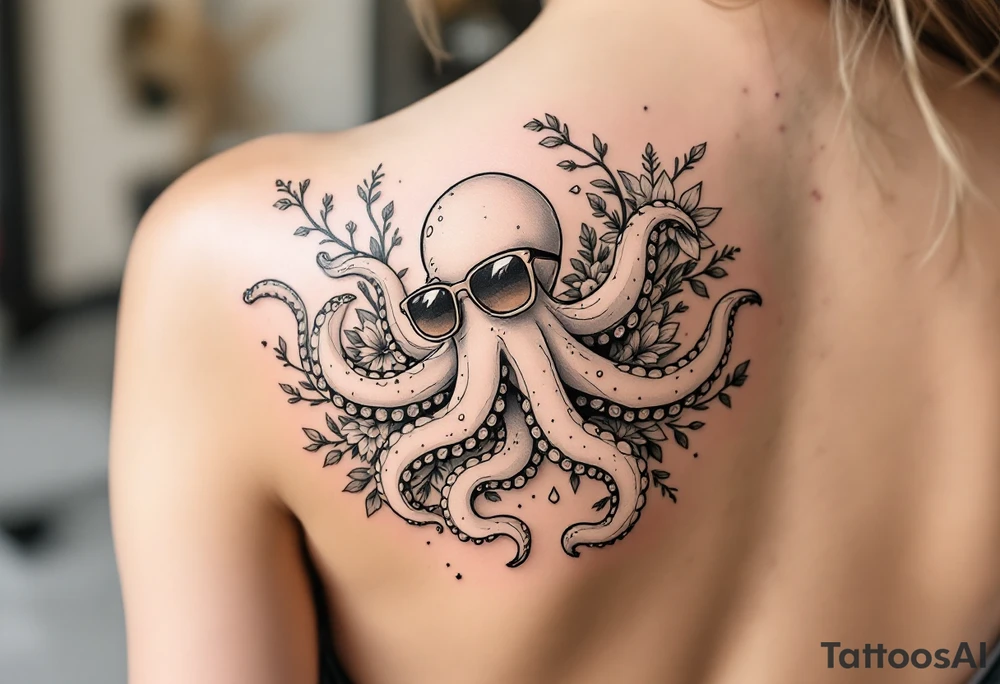 cute octopus, wearing sunglasses, friendly, surrounded by floral ornaments and oceanic items tattoo idea