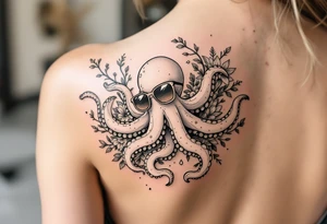 cute octopus, wearing sunglasses, friendly, surrounded by floral ornaments and oceanic items tattoo idea