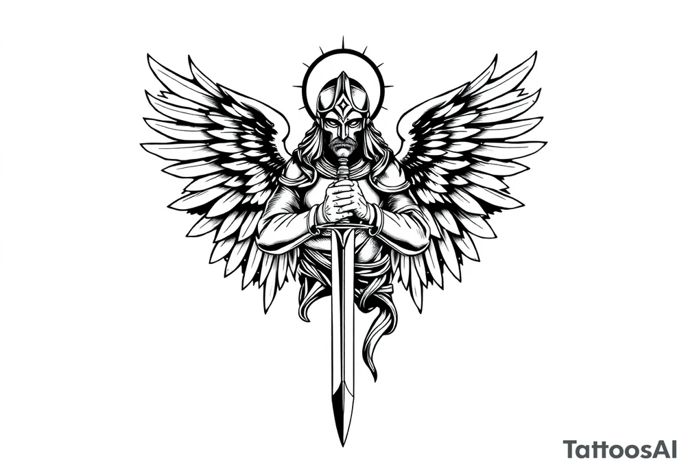 Holy Archangel, Biblical, Christianity, Hebrew, Guards of Christianity, Holding a sword, having six wings, wearing helmet, halo, seraphim, seek justice, walk only with God tattoo idea