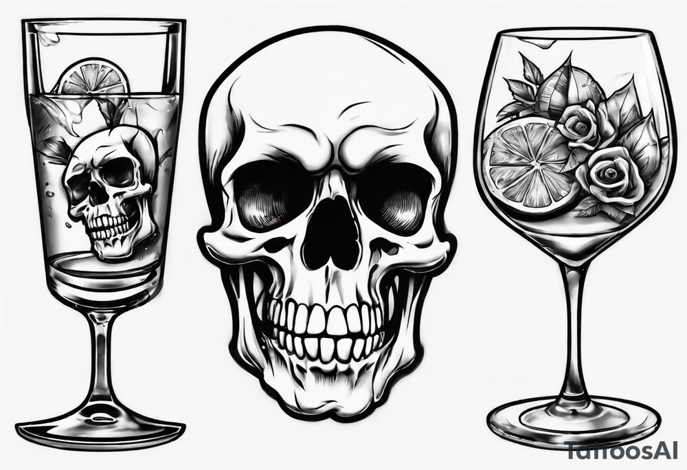 A happy looking to the left scull inside the glass with alcohol and piece of lime tattoo idea