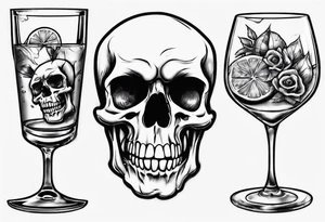 A happy looking to the left scull inside the glass with alcohol and piece of lime tattoo idea