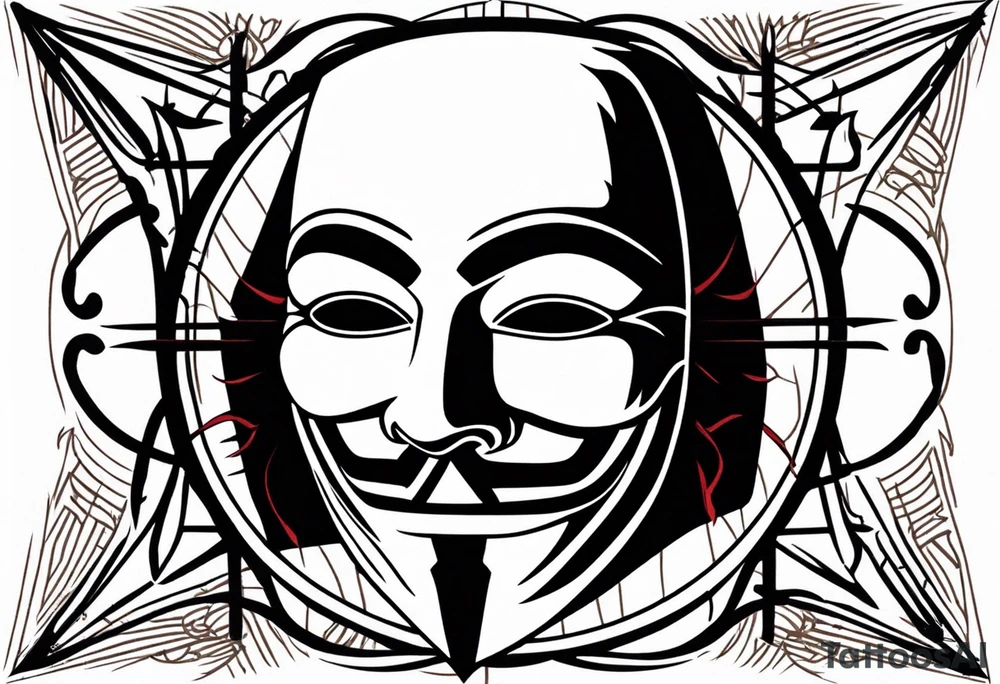 Centered v for vendetta, mask only. No hat.   Vintage compass surround. Crossed fencing swords. Pop art tattoo idea