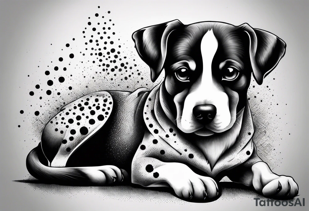 A black and white sketch of a cute dog with large, sad eyes, sitting and smoking a cigarette, with smoke swirling around its head tattoo idea