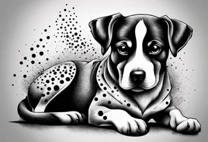 A black and white sketch of a cute dog with large, sad eyes, sitting and smoking a cigarette, with smoke swirling around its head tattoo idea