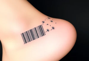 A barcode where the lines break apart into floating dandelion seeds, symbolizing dreams and wishes coming true tattoo idea