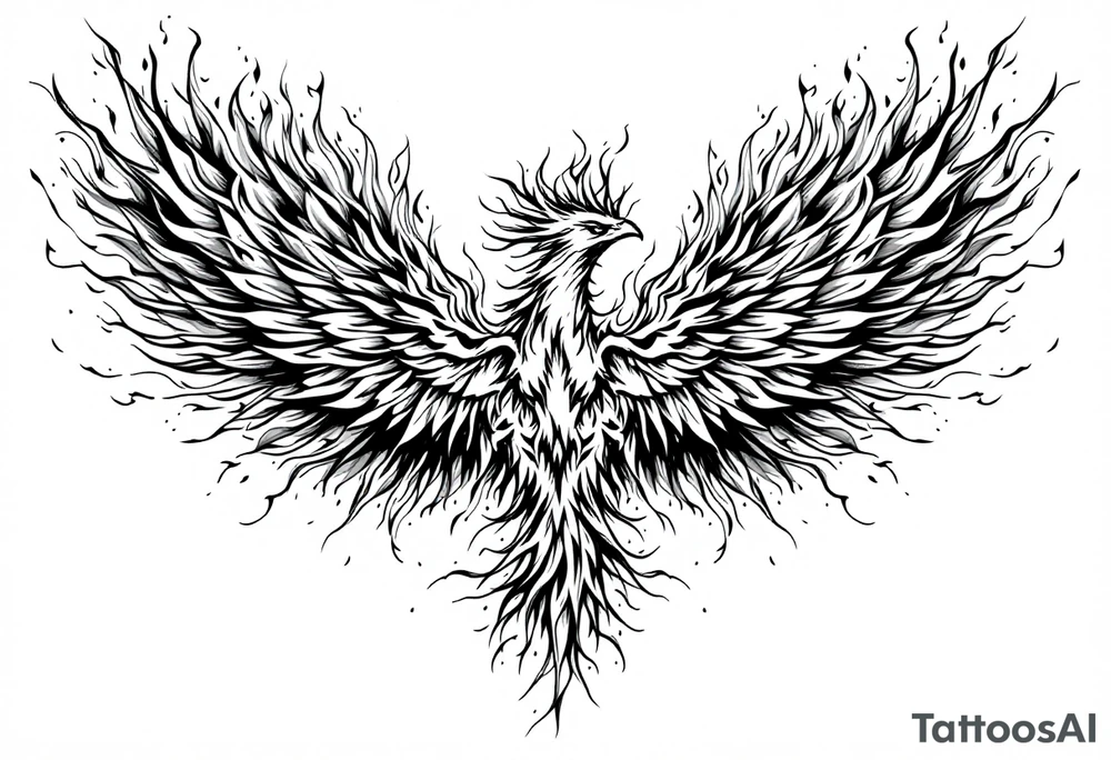 Realistic and symmetrical flaming Phoenix rebirth with spread low wings surrounded by fire mapped onto chest only
Phoenix head must be in the middle of the chest, straight and symmetrical 
Fire should be surrounding spread wings
Wings should be spread low only on chest muscle towards nipples tattoo idea