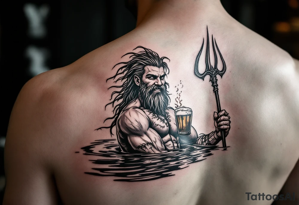 young, smiling, fit poseidon in calm water, holding a trident, drinking a beer, with sunset tattoo idea