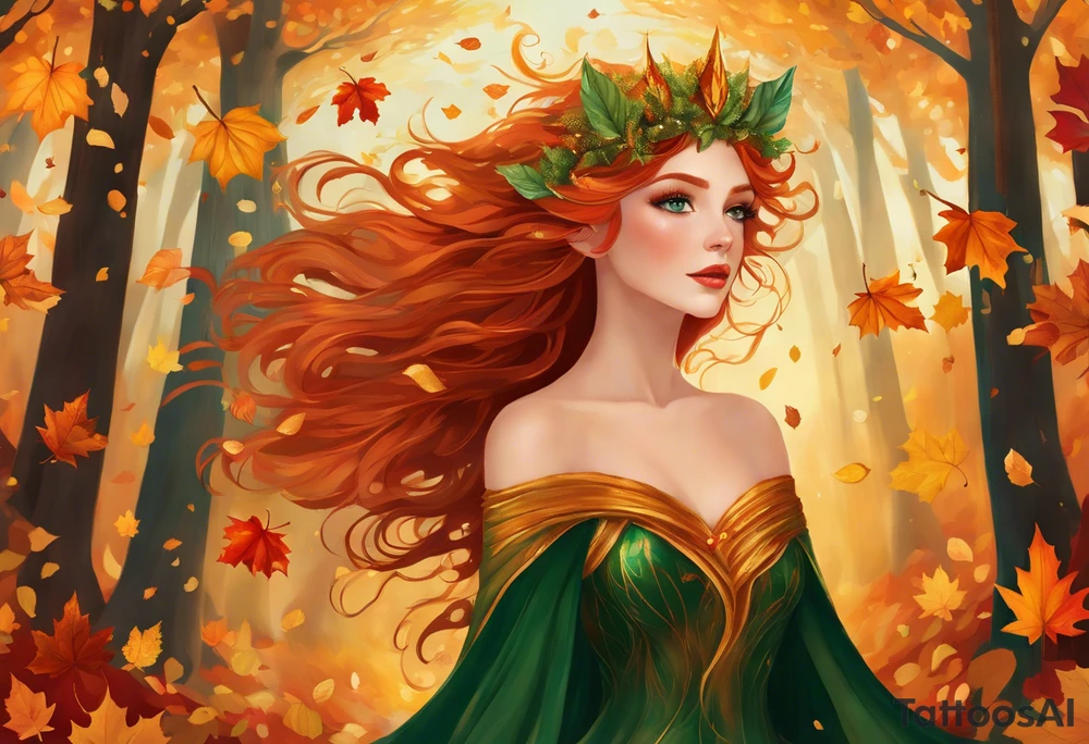 A winged fairy in the middle of a forest during the peak of autumn, twirling in a whirlwind of autumn leaves. The fairy's hair is auburn with copper colors and a crown of gold, orange, and red leaves adorning her head. Her eyes are emerald green with gold flecks, ruby lips and pale skin. Her dress a coppery orange, with leaves scattered on it. The fairly is twirling in a pile of leaves with arms raised overhead, looking at the sky. tattoo idea
