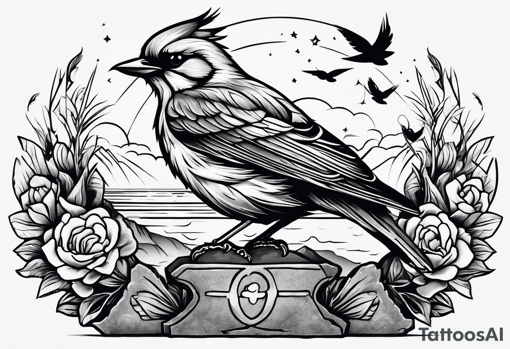 Bird resting on a grave stone tattoo idea