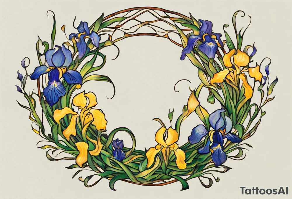 Create a small, colorful Vincent van Gogh Irises tattoo in the form of a crescent, with vines gracefully intertwining at a central point in the middle of the wreath. The intended placement is on the upper chest. The middle needs mountains. The overall design should be small in size while maintaining a delicate and artistic aesthetic. Pay attention to the graceful flow of the vines and the placement of the irises to achieve a refined and elegant look. tattoo idea