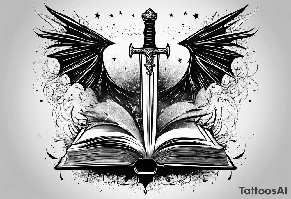 an empty open book with a sword through it, dragonwings and sparks surrounding the book. small design tattoo idea