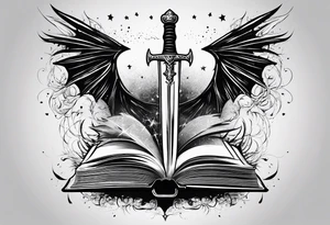 an empty open book with a sword through it, dragonwings and sparks surrounding the book. small design tattoo idea