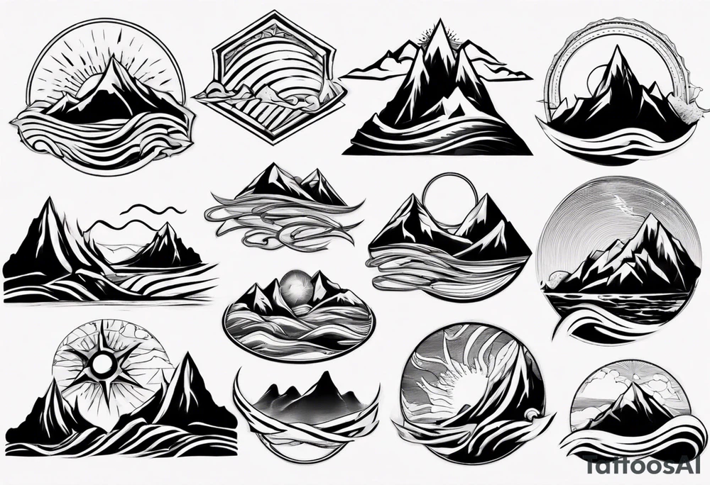 mountain with waves and sun tattoo idea