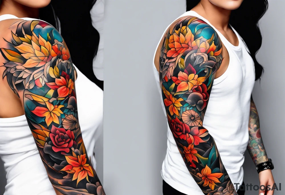 Arm Sleeve Tattoo with fall colors flat tattoo idea
