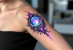 A planet bursting through the skin, appearing in glowing neon blue, deep purple, and swirling silver, as if revealing another dimension. tattoo idea