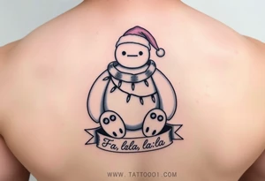 Disney Christmas themed sitting Baymax  wrapped up in Christmas lights and Santa hat with banner at bottom with "Fa-la-la-la-la" in writing tattoo idea