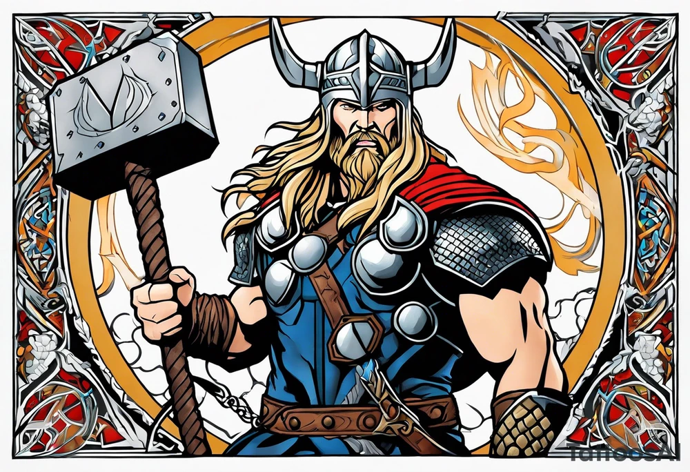 Thor in color with him holding mjolnir and a vignette of viking rune design tattoo idea