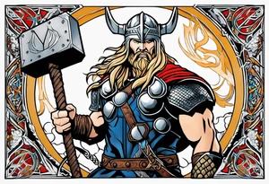 Thor in color with him holding mjolnir and a vignette of viking rune design tattoo idea