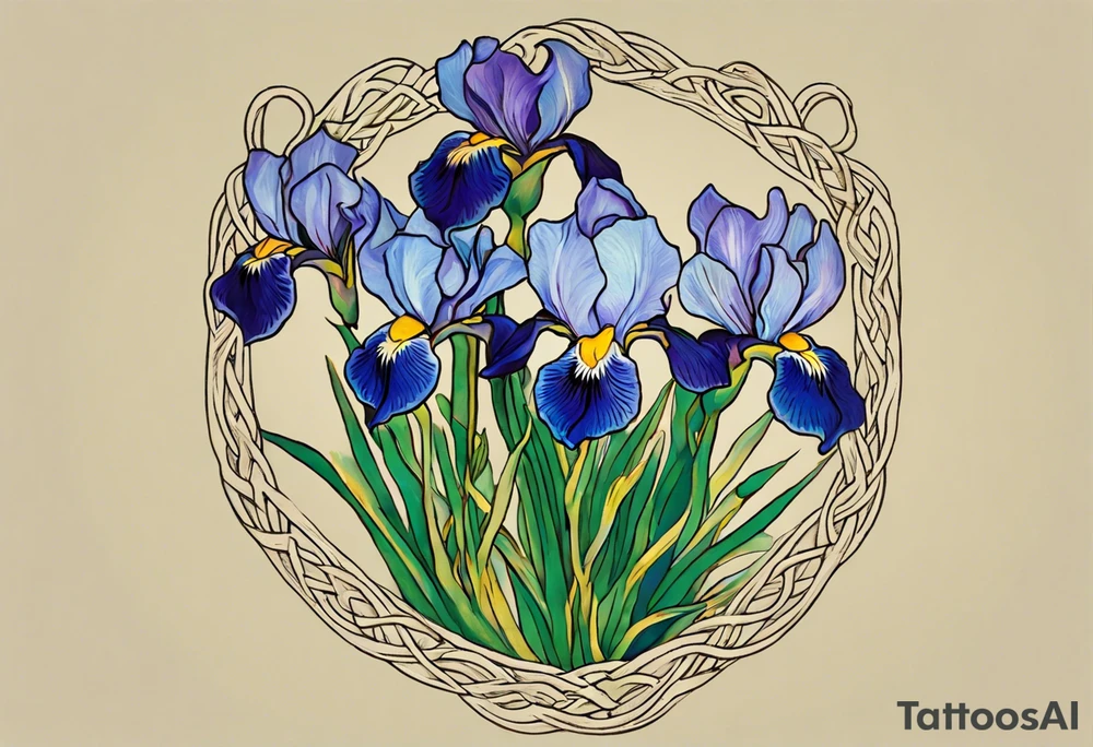 Create a condensed, thick, colorful Vincent van Gogh's Irises tattoo, with vines in Celtic knots gracefully holding mountains. The intended placement is on the upper chest. The overall design should be small in size while maintaining a delicate and artistic aesthetic. Pay attention to the graceful flow of the vines and the placement of the irises to achieve a refined and elegant look. tattoo idea