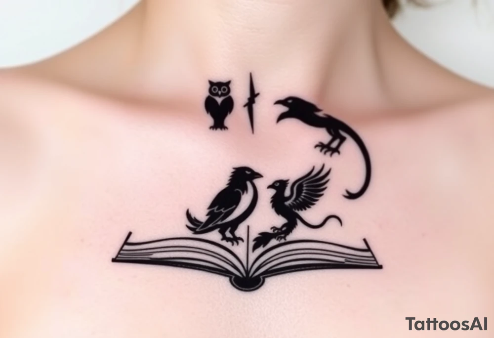 An open book with black silhouettes of a werewolf, owl, dragon & phoenix above it tattoo idea