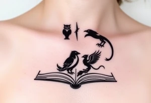 An open book with black silhouettes of a werewolf, owl, dragon & phoenix above it tattoo idea