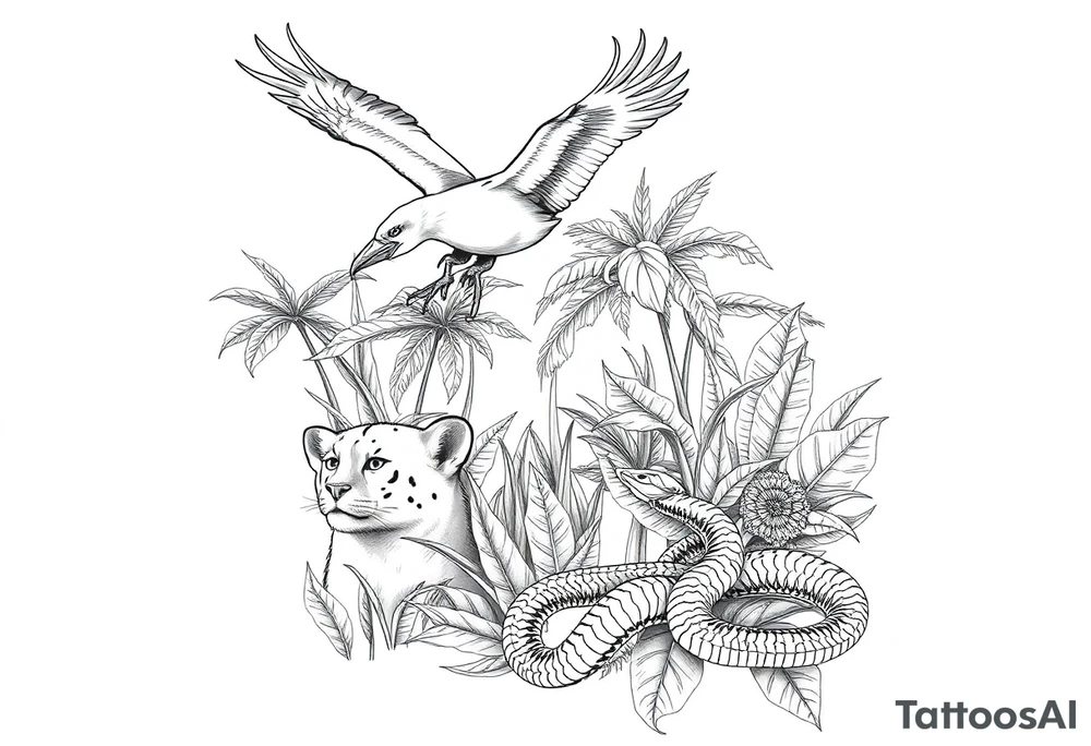 Fine line tattoo: Andean condor flying above Amazon rainforest, amongst the tropical foliage is a puma hiding with only its face exposed, towards the floor of the rainforest is a snake, also mostly hidden behind plants but its head and parts of its body are exposed. tattoo idea