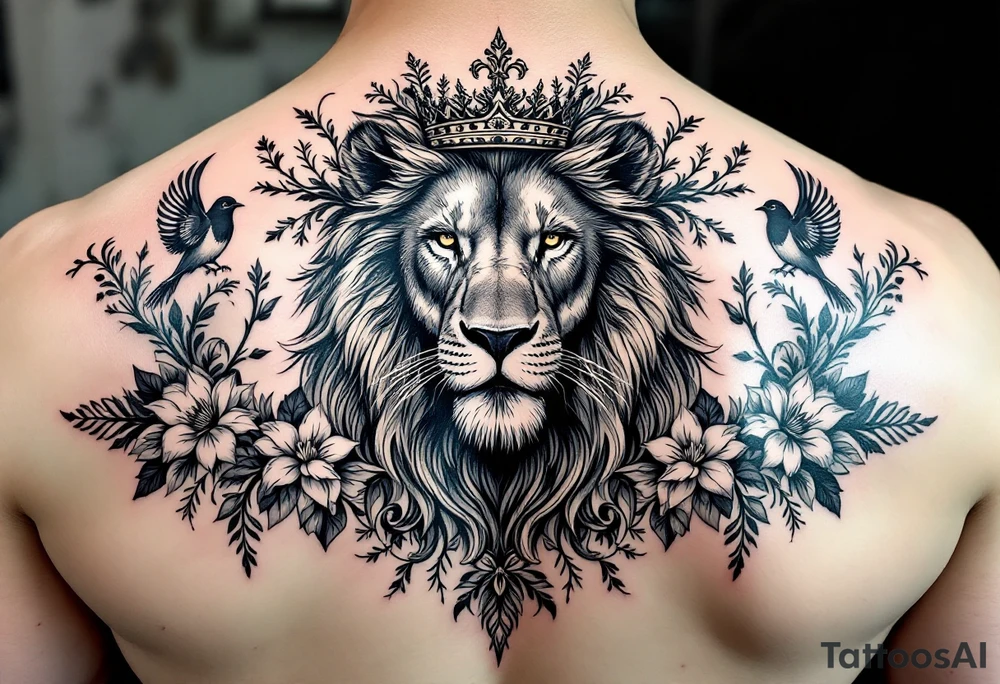 powerful majestic lion with a crown, surrounded by floral ornaments and birds tattoo idea