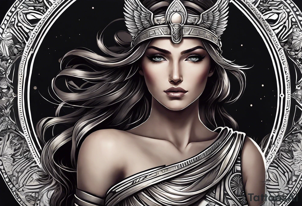 A full tattoo sleeve inspired by Greek mythology, centered around the Greek goddess Athena. Athena is portrayed with a strong, commanding presence, symbolizing wisdom, strength, and warfare. The design emphasizes bold, clean lines with a focus on sharp contrasts, creating a powerful and dynamic visual impact. Surrounding Athena, incorporate a mandala effect with geometric patterns that evoke a sense of order and strategy, reflecting her role as a warrior goddess. The sleeve also features masculine elements such as a fierce owl with piercing eyes, an ornate warrior’s helmet, and olive branches intertwined with Spartan-style armor, all seamlessly integrated into the design. The overall aesthetic is strong, rugged, and heroic, capturing the essence of Athena’s wisdom and martial prowess in a way that resonates with a masculine energy tattoo idea