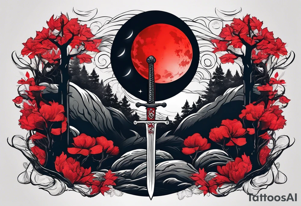 Sword with red moon behind it in the woods tattoo idea