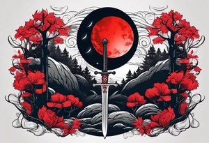 Sword with red moon behind it in the woods tattoo idea