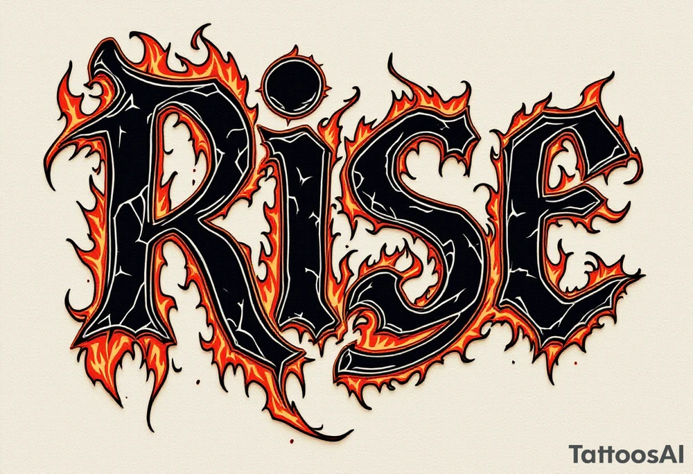 “Rise” in charcoal black capital letters, with burnt orange flames curling around the base above knee. tattoo idea