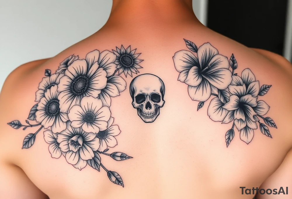 Half sleeve of feminine florals with daisies, poppies, white narcissus, sweet peas, gladiolus with a skull tattoo idea