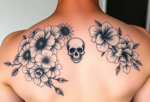 Half sleeve of feminine florals with daisies, poppies, white narcissus, sweet peas, gladiolus with a skull tattoo idea