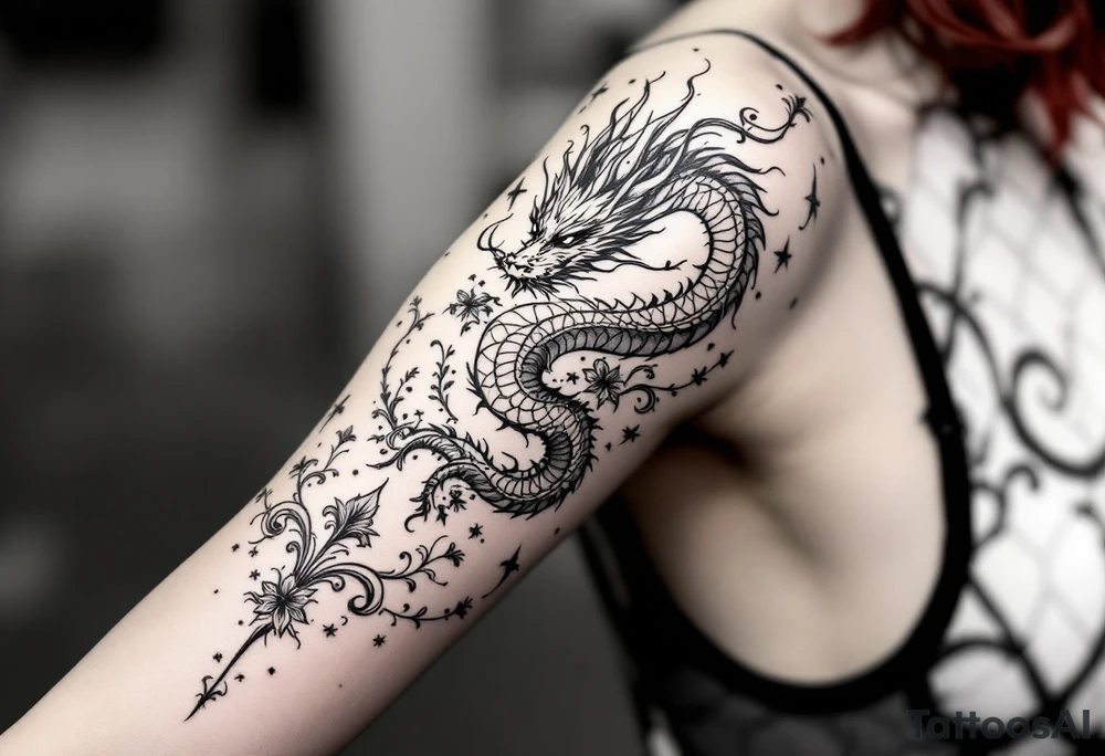 un dragon central entouré de fleurs de lys tattoo idea