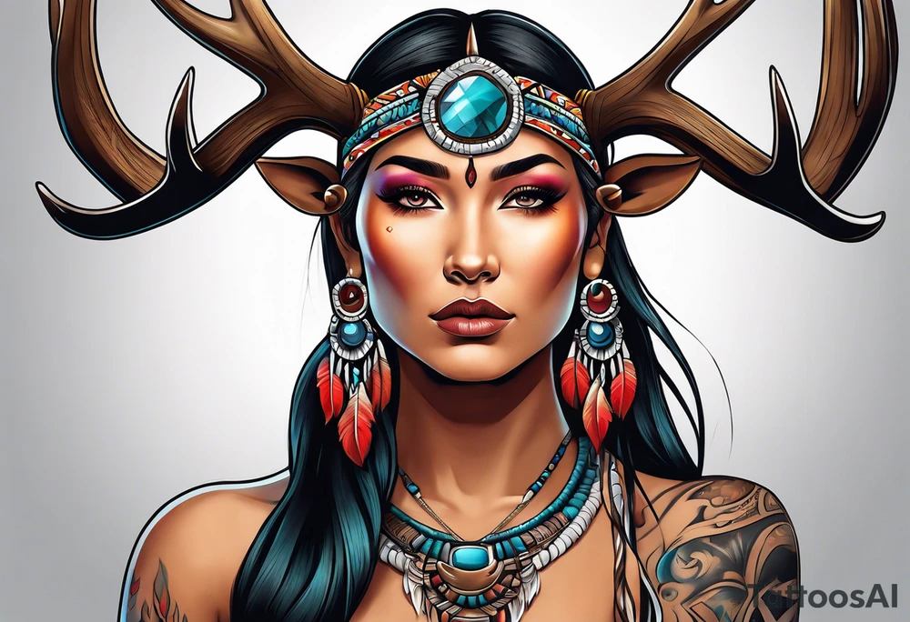 Native American women with deer antlers tattoo idea