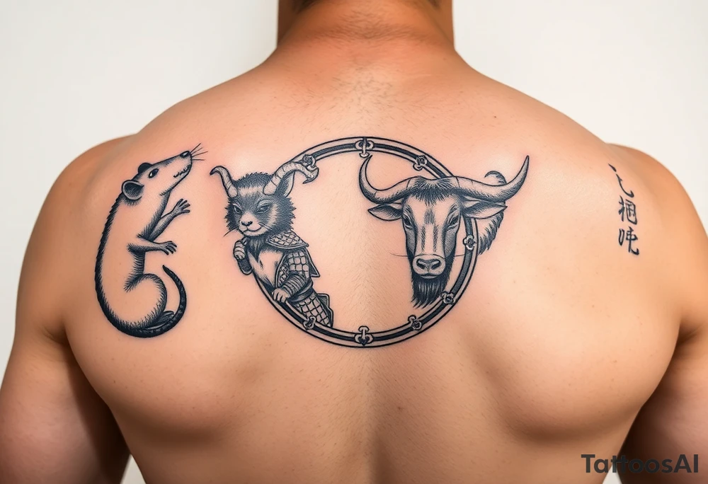 Japanese style tattoo consisting zodiac animals: rat, dog, goat, and ox all dressed up Samurai warrior style in a circular formation on the left of back tattoo idea
