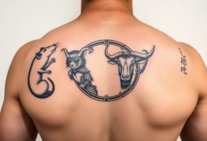 Japanese style tattoo consisting zodiac animals: rat, dog, goat, and ox all dressed up Samurai warrior style in a circular formation on the left of back tattoo idea