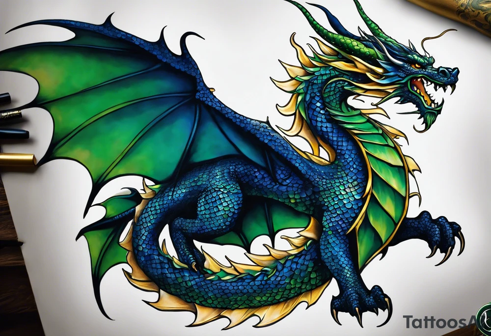 An epic with no wings floating. Its body coiling dynamically, with scales and horns detailed to create a sense of movement and strength. The dragon's main color is dark blue but features accents in green, blue, and gold, giving a vibrant depth and a mystical aura. This tattoo highlights the dragon’s fierce expression and sharp claws as it wraps protectively around the leg. Style: Realism tattoo idea