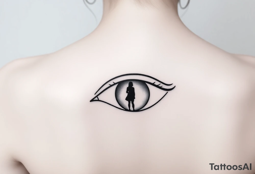 A fine line design featuring an eye with the reflection of an ambiguous woman walking away tattoo idea
