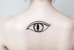 A fine line design featuring an eye with the reflection of an ambiguous woman walking away tattoo idea