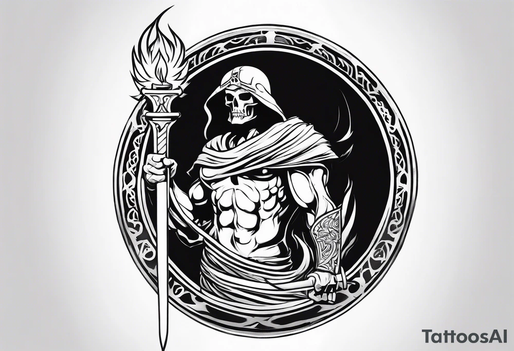 Thanatos, the greek god of death, holding a sword and a torch tattoo idea