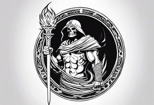 Thanatos, the greek god of death, holding a sword and a torch tattoo idea