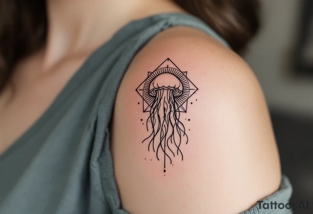 small, minimal fine-line tattoo, single jellyfish, sacred geometry surround, dotwork patterns, jellyfish bell dome, flowing tentacles, trailing streamers, geometric mandala, radiating dotwork, minimalist design, black grey lines, soft shading, no outlines, geometric frame, organic jellyfish form, upper arm shoulder placement, light airy feel, delicate linework, geometric backdrop, clean lines, radiating patterns, simple jellyfish centerpiece, minimalist, psychedelic, asymmetrical tattoo idea