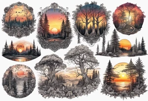 sunset in the forrest, detailed, ornament, stunning, high quality, intricate, ultra realistic tattoo idea