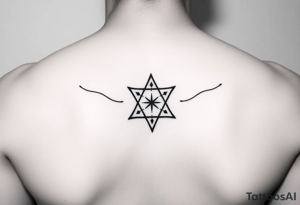 minimalistic, sagittarius, jupiter symbol, sacred geometry, runes for, Good luck and fortune, success, grace, youth, protection from evil magic, protection, safe travels, energy, divine, energy, wisdom, prosperity, love, beauty, color black, david star, GOD's name in hereby, male, arm tattoo idea