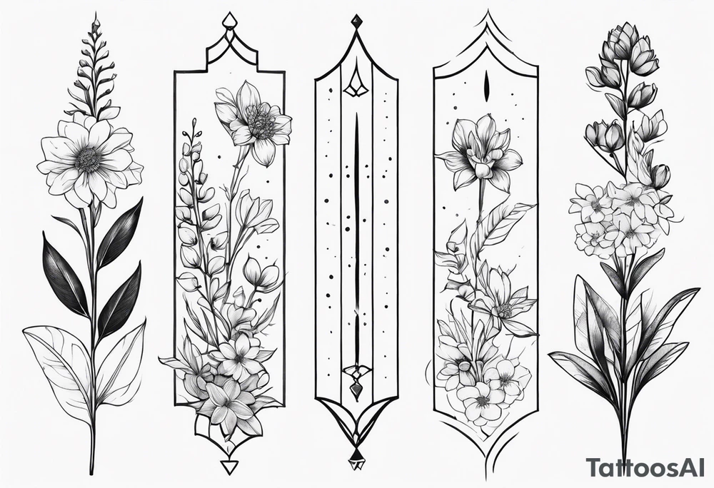 A Fine Line spine tattoo with birth flowers of March April June, August, September tattoo idea