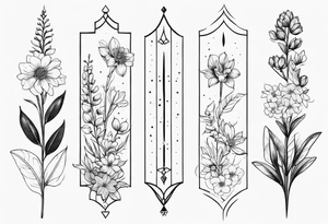 A Fine Line spine tattoo with birth flowers of March April June, August, September tattoo idea