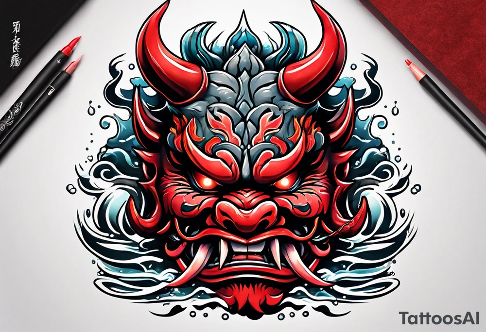 red oni mask floating in water tattoo idea